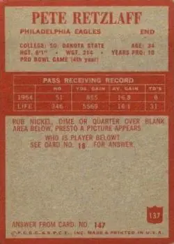 1965 Philadelphia #137 - Pete Retzlaff - Philadelphia Eagles - Back