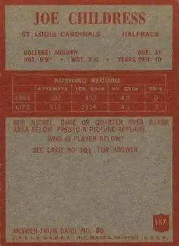 1965 Philadelphia #157 - Joe Childress - St. Louis Cardinals - Back