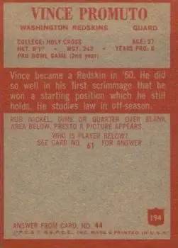 1965 Philadelphia #194 - Vince Promuto - Washington Redskins - Back 1965 Philadelphia #194 - Vince Promuto - Washington Redskins - Back