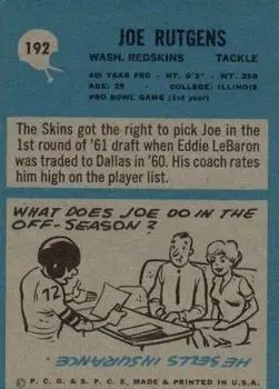 1964 Philadelphia #192 - Joe Rutgens - Washington Redskins - Back 1964 Philadelphia #192 - Joe Rutgens - Washington Redskins - Back