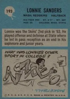 1964 Philadelphia #193 - Lonnie Sanders - Washington Redskins - Back