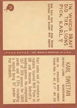 1967 Philadelphia #71 - Karl Sweetan - Detroit Lions - Back