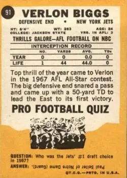 1967 Topps #91 - Verlon Biggs - New York Jets - Back