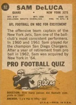 1967 Topps #92 - Sam DeLuca - New York Jets - Back 1967 Topps #92 - Sam DeLuca - New York Jets - Back