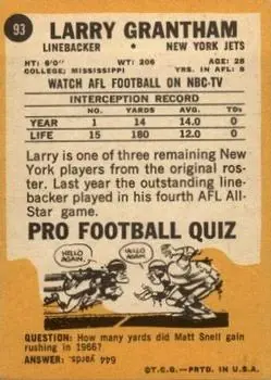 1967 Topps #93 - Larry Grantham - New York Jets - Back