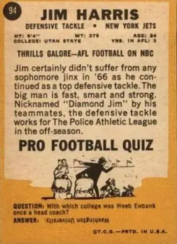 1967 Topps #94 - Jim Harris - New York Jets - Back