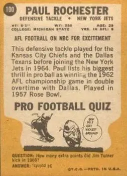 1967 Topps #100 - Paul Rochester - New York Jets - Back