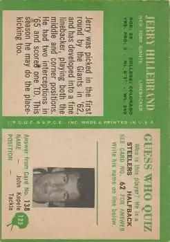 1966 Philadelphia #123 - Jerry Hillebrand - New York Giants - Back 1966 Philadelphia #123 - Jerry Hillebrand - New York Giants - Back