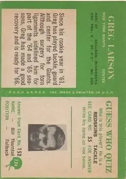 1966 Philadelphia #124 - Greg Larson - New York Giants - Back