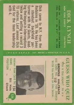 1966 Philadelphia #126 - Dick Lynch - New York Giants - Back