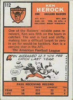 1966 Topps #112 - Ken Herock - Oakland Raiders - Back 1966 Topps #112 - Ken Herock - Oakland Raiders - Back