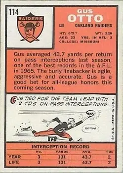 1966 Topps #114 - Gus Otto - Oakland Raiders - Back