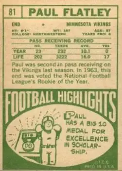 1968 Topps #81 - Paul Flatley - Minnesota Vikings - Back 1968 Topps #81 - Paul Flatley - Minnesota Vikings - Back