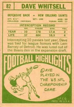 1968 Topps #82 - Dave Whitsell - New Orleans Saints - Back