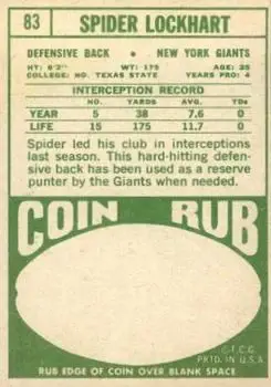 1968 Topps #83 - Spider Lockhart - New York Giants 1968 Topps #83 - Spider Lockhart - New York Giants