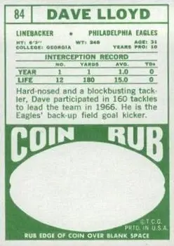 1968 Topps #84 - Dave Lloyd - Philadelphia Eagles