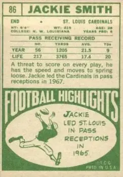 1968 Topps #86 - Jackie Smith - St. Louis Cardinals - Back