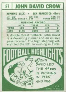 1968 Topps #87 - John David Crow - San Francisco 49ers - Back