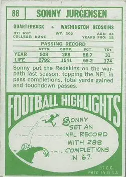 1968 Topps #88 - Sonny Jurgensen - Washington Redskins - Back