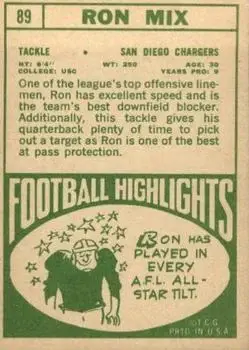 1968 Topps #89 - Ron Mix - San Diego Chargers - Back