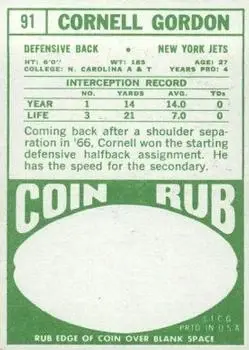 1968 Topps #91 - Cornell Gordon - New York Jets - Back