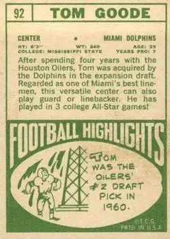 1968 Topps #92 - Tom Goode - Miami Dolphins - Back