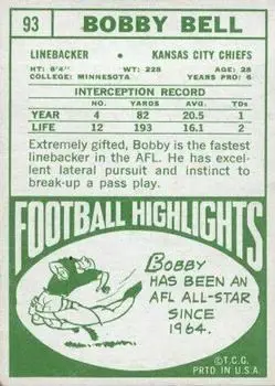 1968 Topps #93 - Bobby Bell - Kansas City Chiefs 1968 Topps #93 - Bobby Bell - Kansas City Chiefs