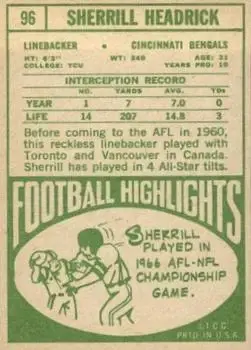 1968 Topps #96 - Sherrill Headrick - Cincinnati Bengals - Back
