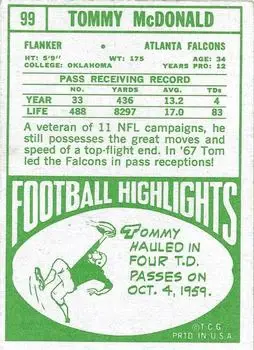 1968 Topps #99 - Tom McDonald - Atlanta Falcons - Back