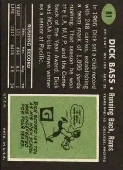 1969 Topps #81 - Dick Bass - Los Angeles Rams - Back