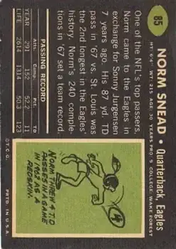1969 Topps #85 - Norm Snead - Philadelphia Eagles - Back