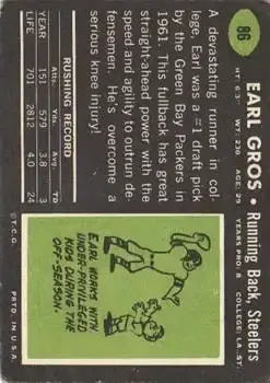 1969 Topps #86 - Earl Gros - Pittsburgh Steelers - Back