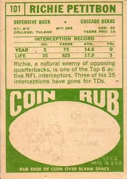 1968 Topps #101 - Richie Petitbon - Chicago Bears - Back