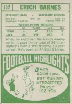 1968 Topps #102 - Erich Barnes - Cleveland Browns - Back