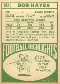 1968 Topps #103 - Bob Hayes - Dallas Cowboys - Back