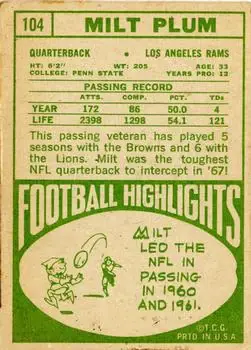 1968 Topps #104 - Milt Plum - Los Angeles Rams - Back 1968 Topps #104 - Milt Plum - Los Angeles Rams - Back