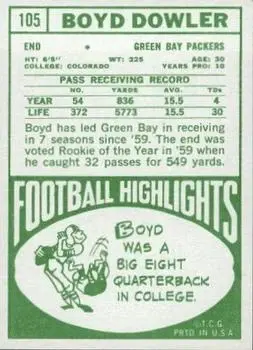 1968 Topps #105 - Boyd Dowler - Green Bay Packers - Back 1968 Topps #105 - Boyd Dowler - Green Bay Packers - Back