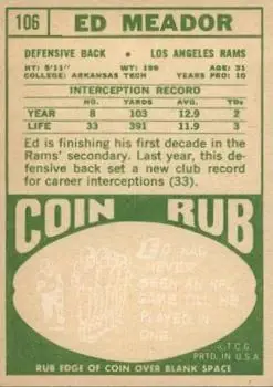 1968 Topps #106 - Ed Meador - Los Angeles Rams - Back