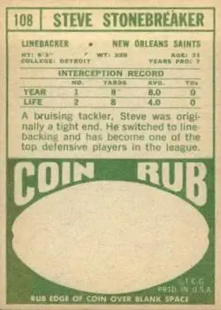 1968 Topps #108 - Steve Stonebreaker - New Orleans Saints - Back