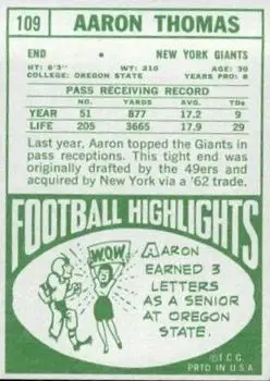 1968 Topps #109 - Aaron Thomas - New York Giants - Back