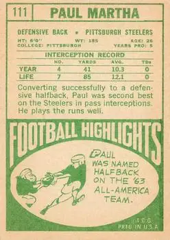 1968 Topps #111 - Paul Martha - Pittsburgh Steelers - Back