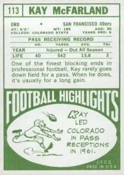 1968 Topps #113 - Kay McFarland - San Francisco 49ers - Back
