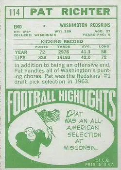 1968 Topps #114 - Pat Richter - Washington Redskins - Back