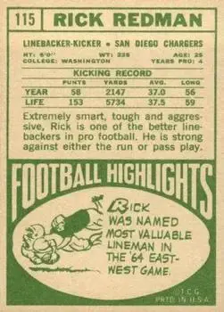 1968 Topps #115 - Rick Redman - San Diego Chargers - Back 1968 Topps #115 - Rick Redman - San Diego Chargers - Back