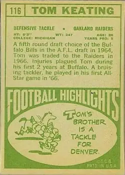 1968 Topps #116 - Tom Keating - Oakland Raiders - Back