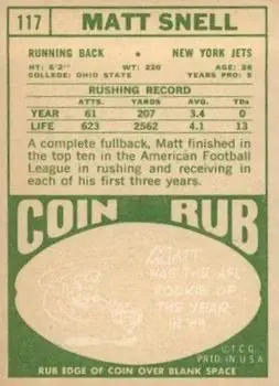 1968 Topps #117 - Matt Snell - New York Jets - Back