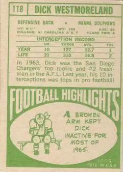 1968 Topps #118 - Dick Westmoreland - Miami Dolphins - Back 1968 Topps #118 - Dick Westmoreland - Miami Dolphins - Back