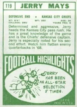 1968 Topps #119 - Jerry Mays - Kansas City Chiefs - Back