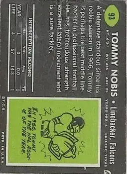 1969 Topps #93 - Tommy Nobis - Atlanta Falcons - Back