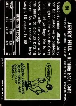 1969 Topps #94 - Jerry Hill - Baltimore Colts - Back